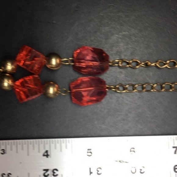 Red Y-Drop Necklace Long Gold Pink Transluscent Chunky - Picture 5 of 7